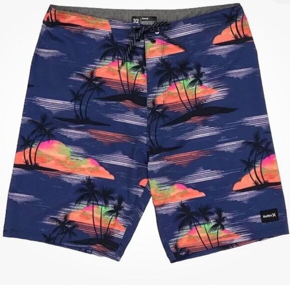 NWT Hurley Board Shorts Swim Phantom Quick Dry 4 Way Stretch Palm Tree Navy - Picture 2 of 11